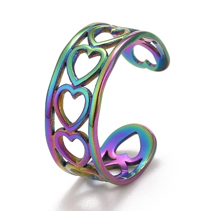 Chapado en iones de color del arco iris (ip) 304 anillo de puño abierto con envoltura de corazón de acero inoxidable para mujer