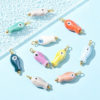10Colgantes de porcelana esmaltada con forma de pez y ojo turco (piezas), con fornituras de hierro tono dorado