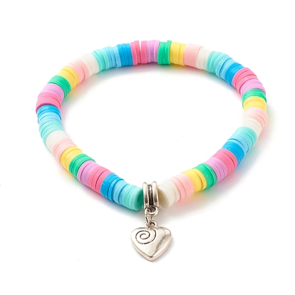 Handmade Polymer Clay Heishi Beads Stretch Bracelet, Heart Alloy Charm Bracelet for Women