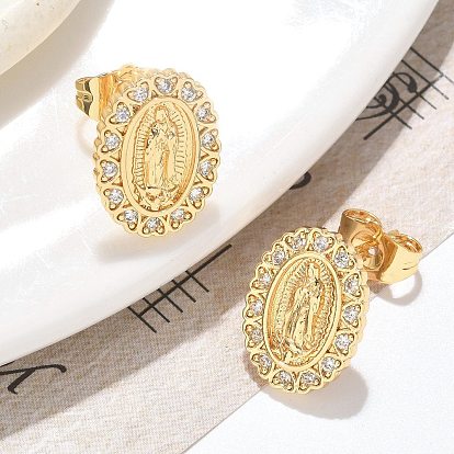 Овальные серьги-гвоздики с изображением Девы Марии из латуни с микропаве из прозрачных кубических цирконий, долговечный
