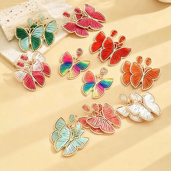 Серьги-гвоздики в богемном стиле из сплава и хлопка., плетеная бабочка, золотые