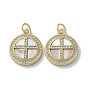 Brass Micro Pave Clear Cubic Zirconia Cross Pendants, Natural Shell Flat Round Charms with Jump Rings, Real 18K Gold Plated