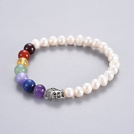 Natural Pearl Stretch Bracelets, with Mixed Gemstone Round Beads and Alloy 3D Buddha Head Beads