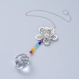 Crystals Chandelier Suncatchers Prisms Chakra Hanging Pendant, with Iron Cable Chains, Glass Beads, Glass Rhinestone and Brass Pendants, Flower with Round