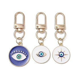 3Pcs Flat Round & Evil Eye Alloy Enamel Pendant Decorations, Swivel Clasps Charms for Bag Ornaments