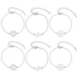 UNICRAFTALE 6Pcs 3 Styles 201 Stainless Steel Pentacle Link Bracelets, with Lobster Claw Clasps, Mixed Shapes