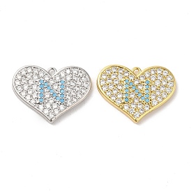 Brass Micro Pave Cubic Zirconia Pendants, Lead Free & Cadmium Free, Long-Lasting Plated, Heart with Letter N