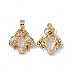 Rack Plating Brass Micro Pave Cubic Zirconia Pendants, with Glass Rhinestone, Cadmium Free & Lead Free, Long-Lasting Plated, Real 18K Gold Plated, Insect