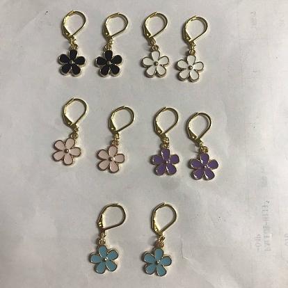Alliage émail fleur pendentif marqueurs de point, breloques créoles à levier au crochet, marqueur de point de verrouillage avec anneau de charme de verre de vin