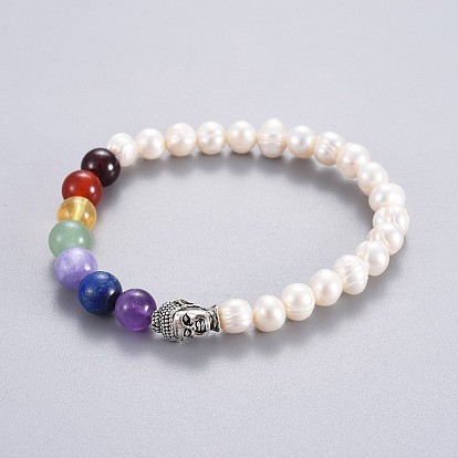 Natural Pearl Stretch Bracelets, with Mixed Gemstone Round Beads and Alloy 3D Buddha Head Beads