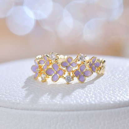 Латунные кольца-манжеты с паве из кубических цирконий и эмали, цветок/бабочка