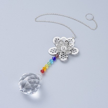 Crystals Chandelier Suncatchers Prisms Chakra Hanging Pendant, with Iron Cable Chains, Glass Beads, Glass Rhinestone and Brass Pendants, Flower with Round