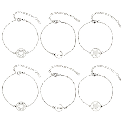 6Pcs 3 Styles 201 Stainless Steel Pentacle Link Bracelets, with Lobster Claw Clasps, Mixed Shapes