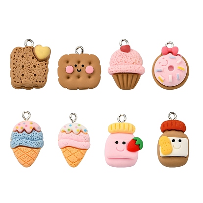 8Pcs 8 Style Opaque Resin Pendants, with Platinum Plated Iron Loop, Imitation Food