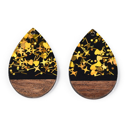 Opaque Resin & Walnut Wood Pendants, Teardrop Charms with Paillettes