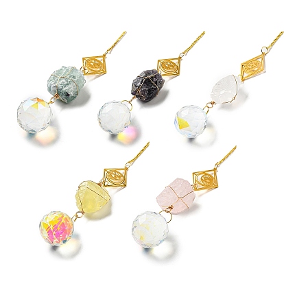 Wire Wrapped Nuggets Natural Gemstone Pendant Decorations, Brass Rhombus and Glass Round Tassels Hanging Ornaments