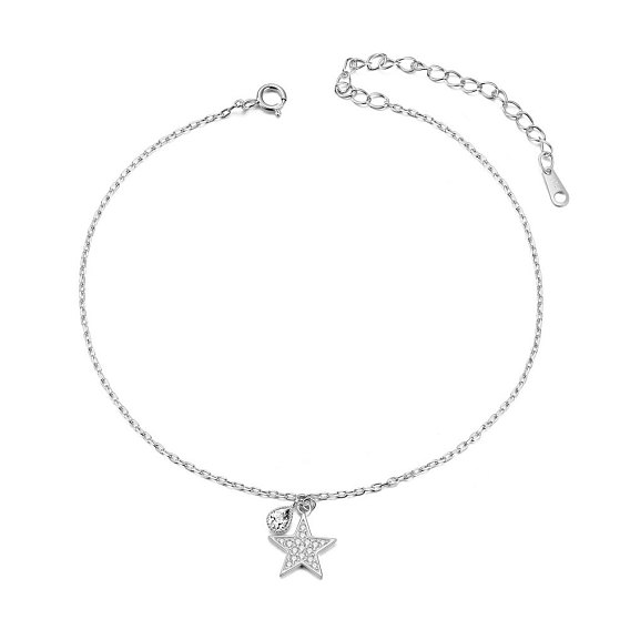 SHEGRACE 925 Sterling Silver Charm Anklet, with AAA Cubic Zirconia, Star and Flat Round