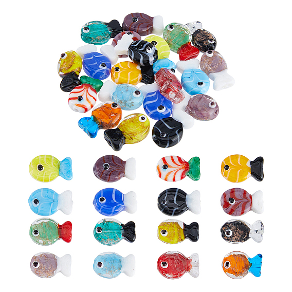 20 pièces 2 styles perles de verre filées à la main en sable doré et perles de verre filées, poisson