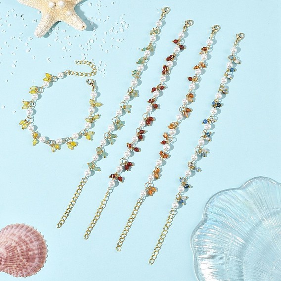 Gemstone Faceted Round Beaded Chain Bracelets for Women, with Round Shell Pearl Beads, Golden