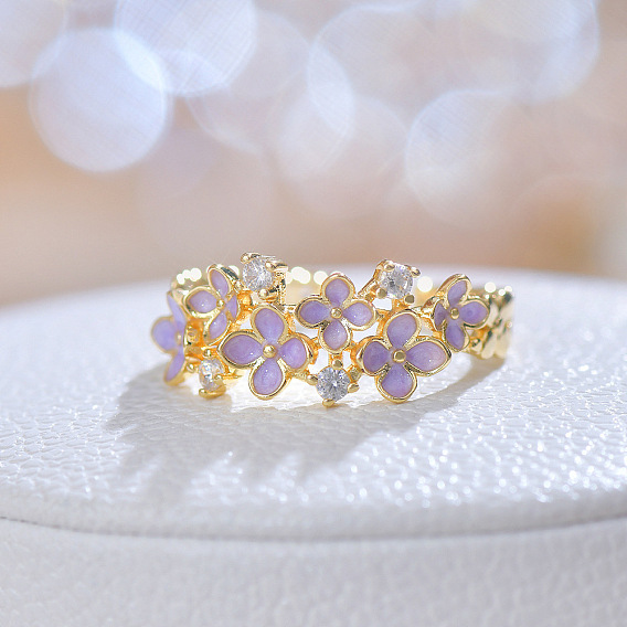 Латунные кольца-манжеты с паве из кубических цирконий и эмали, цветок/бабочка