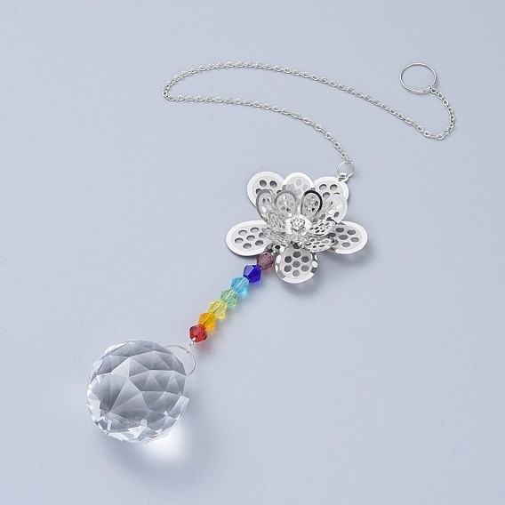 Crystals Chandelier Suncatchers Prisms Chakra Hanging Pendant, with Iron Cable Chains, Glass Beads, Glass Rhinestone and Brass Pendants, Flower with Round