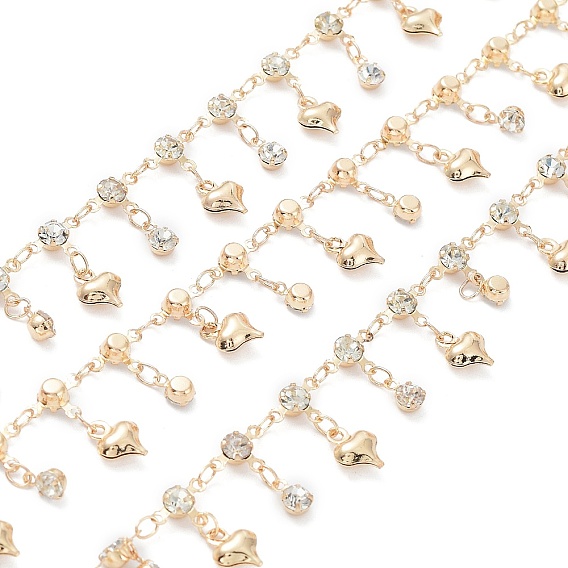 Стеклянные цепочки ручной работы с ромбовидными звеньями, с латунными подвесками-кисточками в виде сердечек, пайки, с катушкой