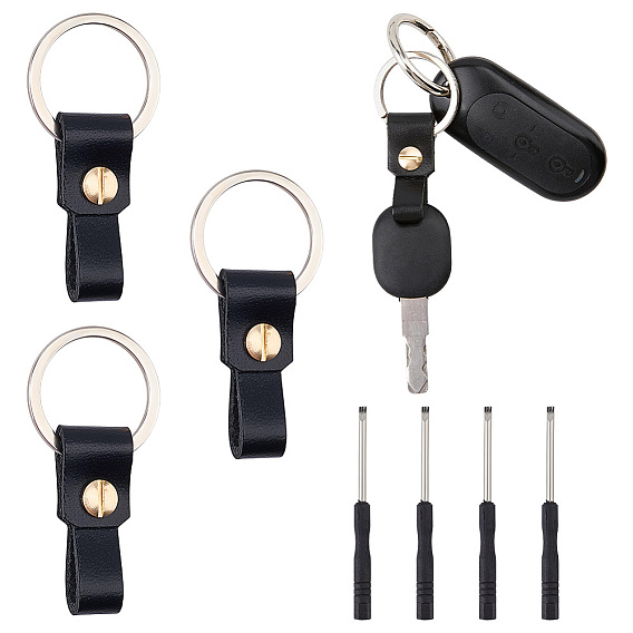 4Pcs Rectangle Cowhide & Iron Keychains, with Screwdriver & Split Key Rings