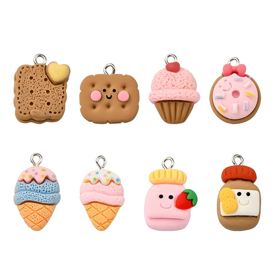 8Pcs 8 Style Opaque Resin Pendants, with Platinum Plated Iron Loop, Imitation Food