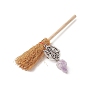 Halloween Wood Mini Broom Witches Broomstick Straw Broom Home Decorations, with Rough Raw Natural Gemstone Beads and Alloy Pendants