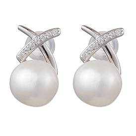 Natural Pearl Ear Studs, with Sterling Silver Micro Pave Clear Cubic Zirconia Findings, Round