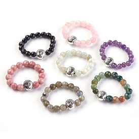 Natural Gemstone Stretch Rings, with Alloy Buddha Beads, Faceted, Round