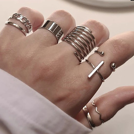 Retro Minimalist Alloy Ring Set with Cross Spiral Wave Design (8 Pieces)