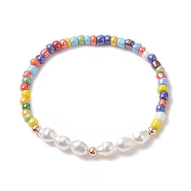 Plastic Imitation Pearl & Glass Seed Beaded Stretch Bracelet for Women