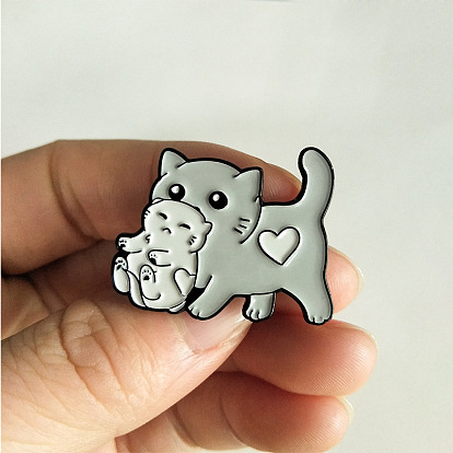 Cute Cartoon Cat with Plush Toy Brooch Pin - Fun and Versatile Heart-Shaped Animal Badge for Students in Denim