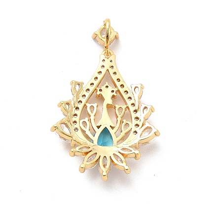 Brass Clear Cubic Zirconia Pendants, with Glass Rhinestone, Teardrop with Peacock Charm, Real 18K Gold Plated