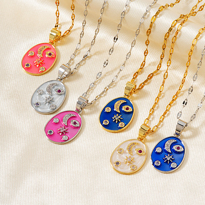 Модные женские ожерелья с подвеской в виде звезды и луны в форме овала из латуни и эмали, с красочным кубическим цирконием