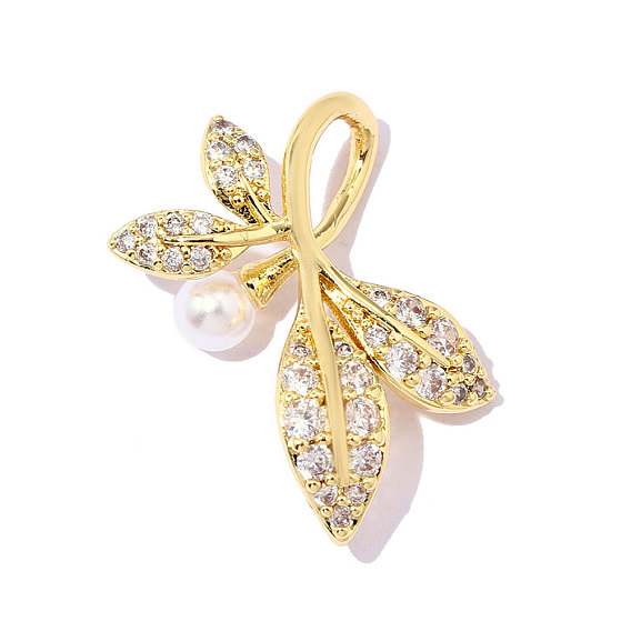 Латунные подвески с фианитами, с ABS имитации жемчуга, лист прелести, ионное покрытие (ip), зеркальная полировка, реальный 18 k позолоченный