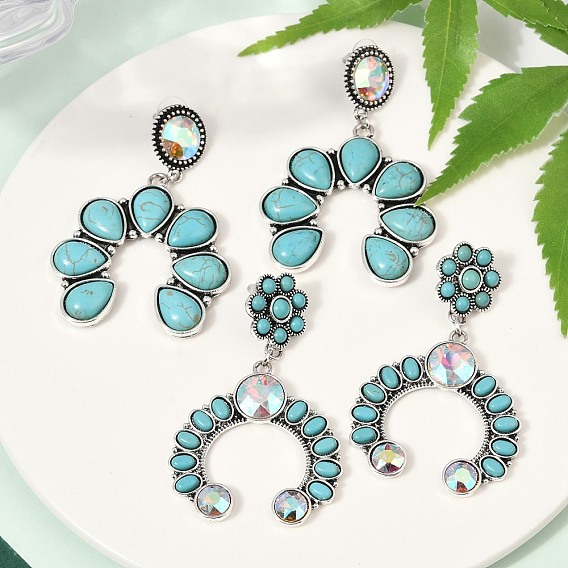 Серьги-гвоздики из сплава синтетической бирюзы, слеза и овал, со стеклом