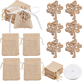 36шт деревянные кабошоны, вырезанные лазером деревянные формы, древо жизни, с 36шт. мешочков с завязками и 1рулоном односторонней атласной ленты