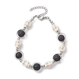 Bracelets en perles de lave naturelles et de perles synthétiques teintées en turquoise, bracelets de crâne d'Halloween pour les femmes