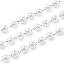 АБС искусственный жемчуг круглые бусины цепи, с 304 фурнитурой из нержавеющей стали, несварные, с катушкой