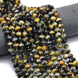 Природных тигровый глаз бисер нитей, граненые, рондель, с бисером, окрашенные