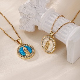 Cute Brass Micro Pave Clear Cubic Zirconia Pendant Necklaces for Women, with Opal, Golden