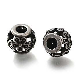 304 Stainless Steel European Beads, Large Hole Beads, Rondelle with Flower