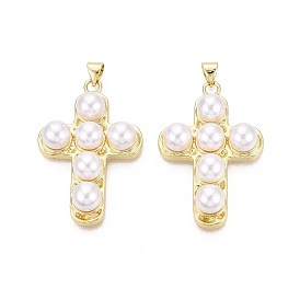 Brass & ABS Plastic Pearl Pendants, Cross Charms
