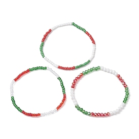 3Pcs 3 Styles Christmas Glass Seed Beaded Stretch Bracelet Sets, Stackable Bracelets for Women Men