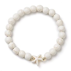 Round Gemstone Beaded Stretch Bracelets, Summer Beach Starfish Synthetic Turquoise Bracelets for Women Men