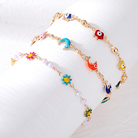 Colorful Daisy Sunflower Bracelet - Alloy Animal Charm Bracelet with Oil Droplets.