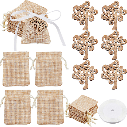 36шт деревянные кабошоны, вырезанные лазером деревянные формы, древо жизни, с 36шт. мешочков с завязками и 1рулоном односторонней атласной ленты