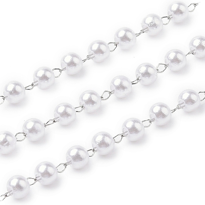 АБС искусственный жемчуг круглые бусины цепи, с 304 фурнитурой из нержавеющей стали, несварные, с катушкой